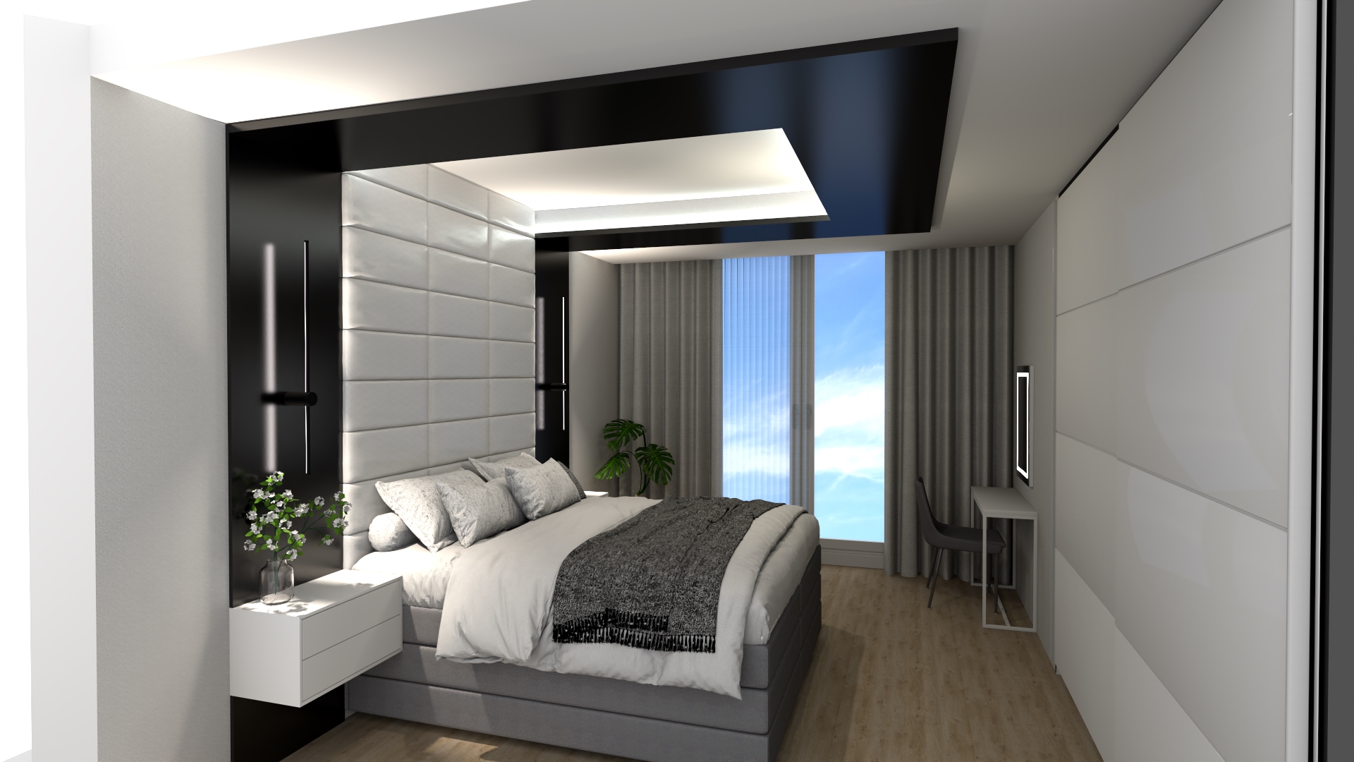 nowoczesna sypialnia czarno-biała